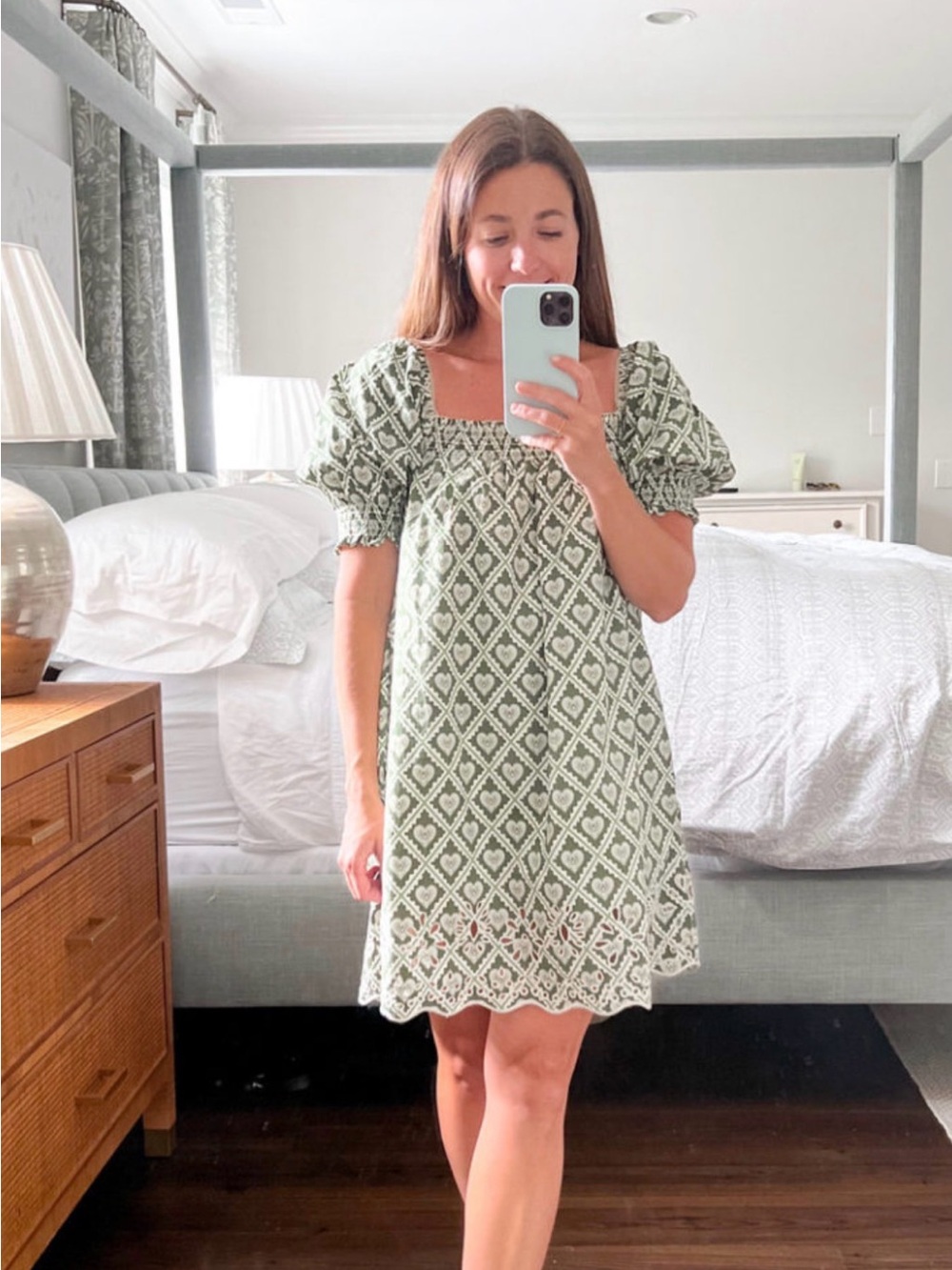 RHODE Sage Green Diamond Lace Puff-Sleeve Mini Dress